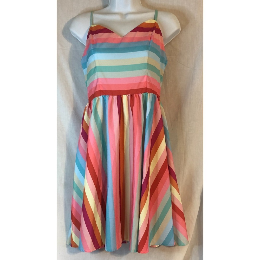 NWT Sis July vibrant rainbow-striped mini dress flared A-line skirtβ Size Small